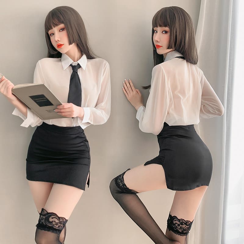 秘書角色扮演服！男友風襯衫領帶四件式套裝 E535478