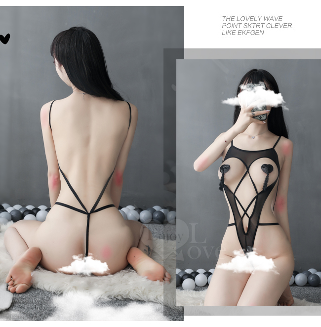 情趣連身衣！美胸爆乳細帶交織Ｖ型露背連身衣