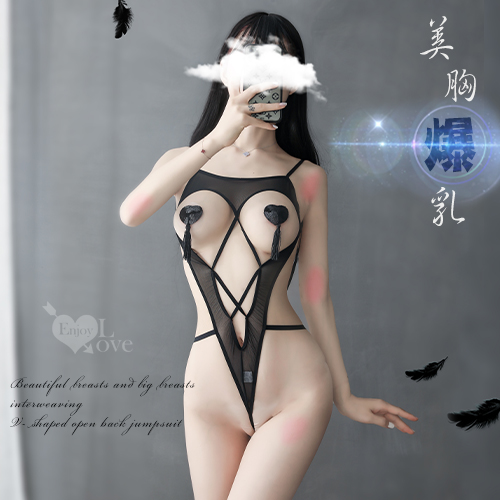 情趣連身衣！美胸爆乳細帶交織Ｖ型露背連身衣